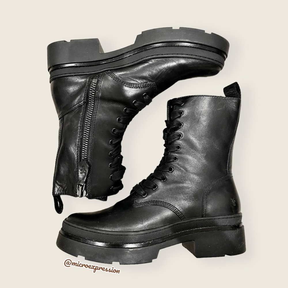 $399 Frye Chloe Lug Combat Black Leather Lace Up Moto Everyday Ankle Boot - Picture 9 of 16